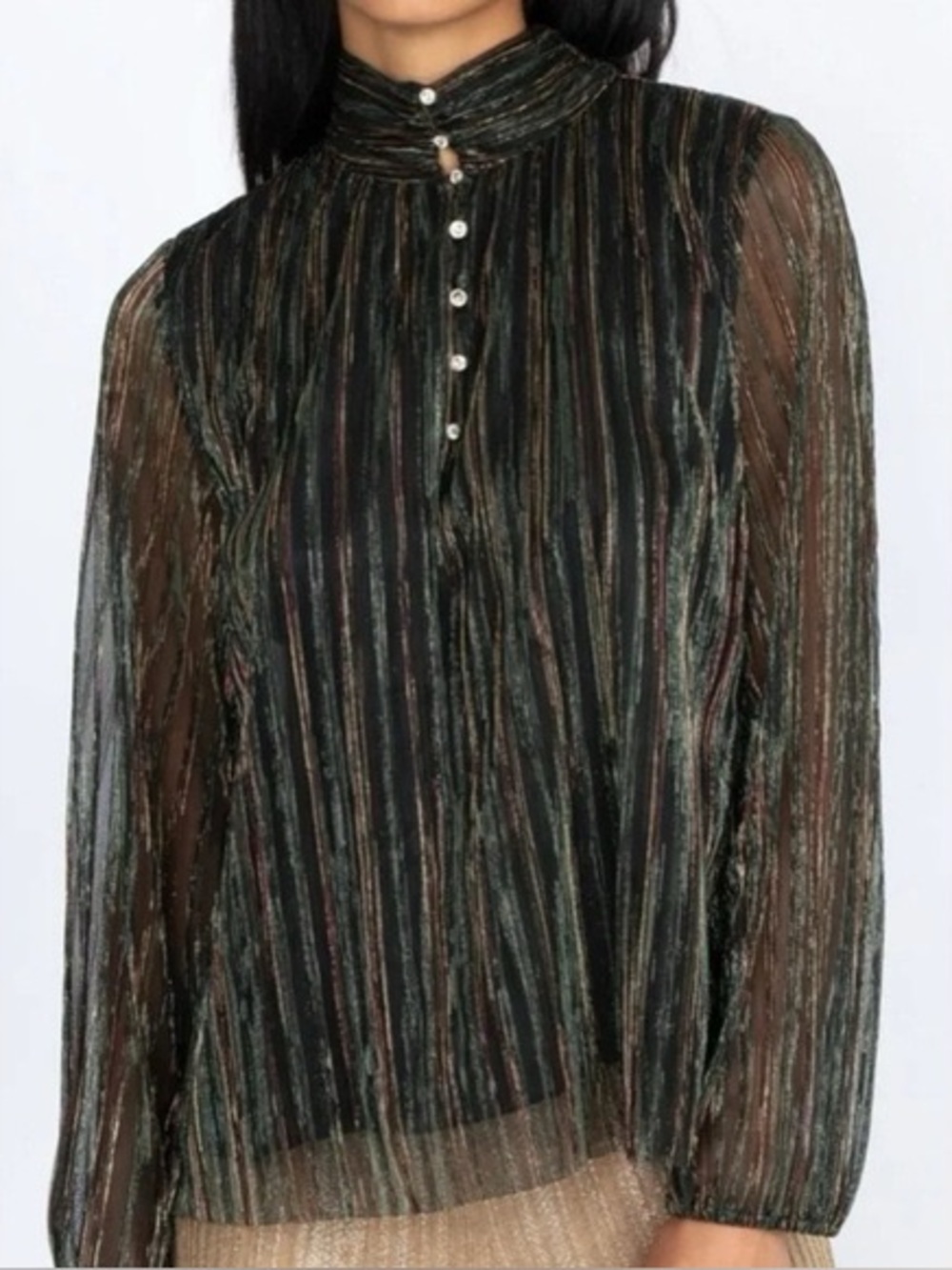 Johnny Was Jade Forever Young Gold Black Striped Silk Long Sleeve Blouse Xl